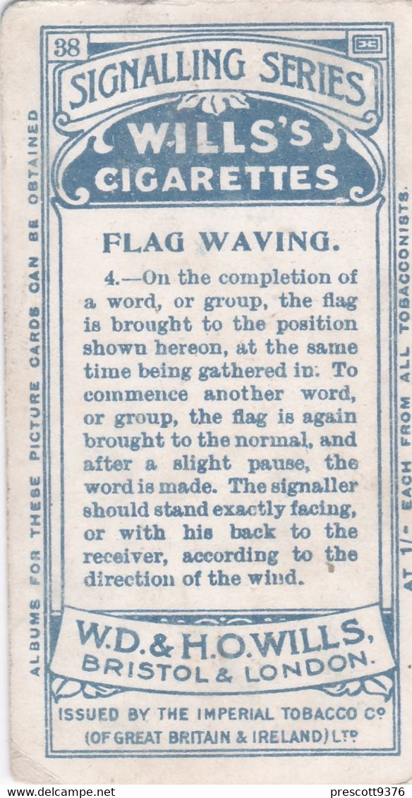 38 Flag Waving  - Signalling Series 1911 - Wills Cigarette Card - Original Antique - Alphabet - Military - Navy - Wills