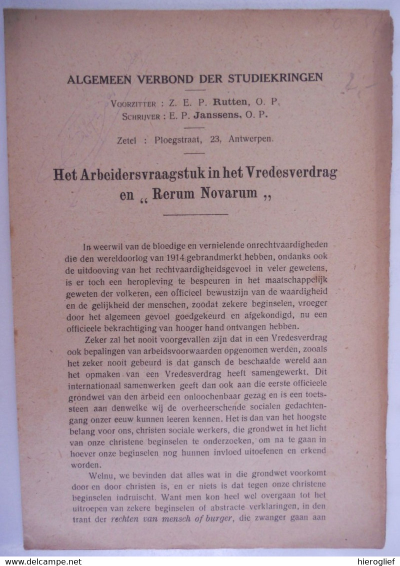 Het Arbeiders Vraagstuk In Het Vredesverdrag En 'Rerum Novarum' Algemeen Verbond Der Studiekringen Antwerpen - Histoire