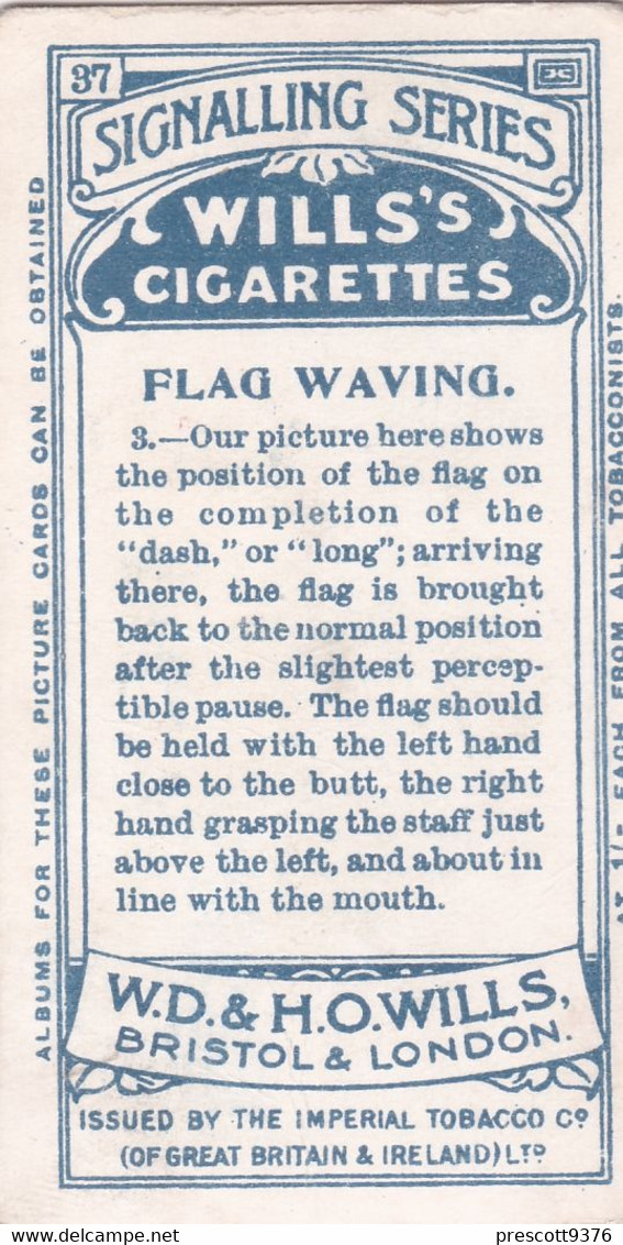 37 Flag Waving  - Signalling Series 1911 - Wills Cigarette Card - Original Antique - Alphabet - Military - Navy - Wills