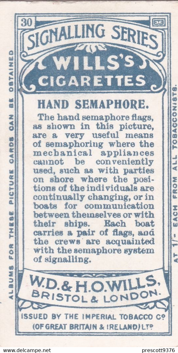 30 Hand Semaphore - Signalling Series 1911 - Wills Cigarette Card - Original Antique - Alphabet - Military - Navy - Wills