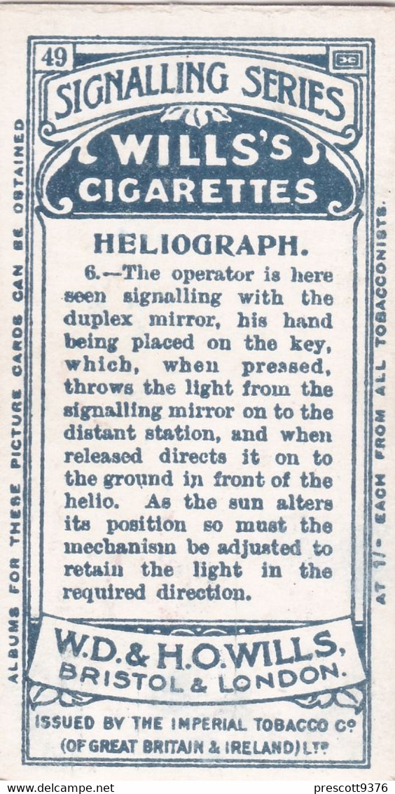 49 Heliograph - Signalling Series 1911 - Wills Cigarette Card - Original Antique - Alphabet - Military - Navy - Wills