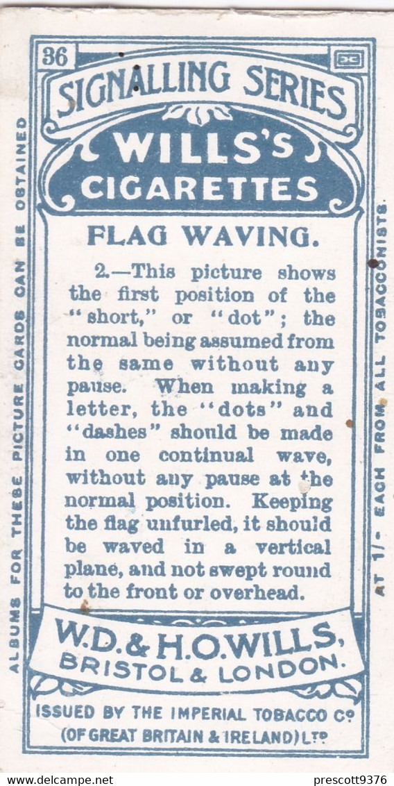 36 Flag Waving - Signalling Series 1911 - Wills Cigarette Card - Original Antique - Alphabet - Military - Navy - Wills