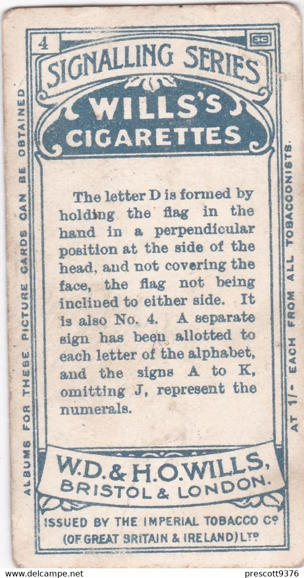 4 Letter D  - Signalling Series 1911 - Wills Cigarette Card - Original Antique - Alphabet - Military - Navy - Wills