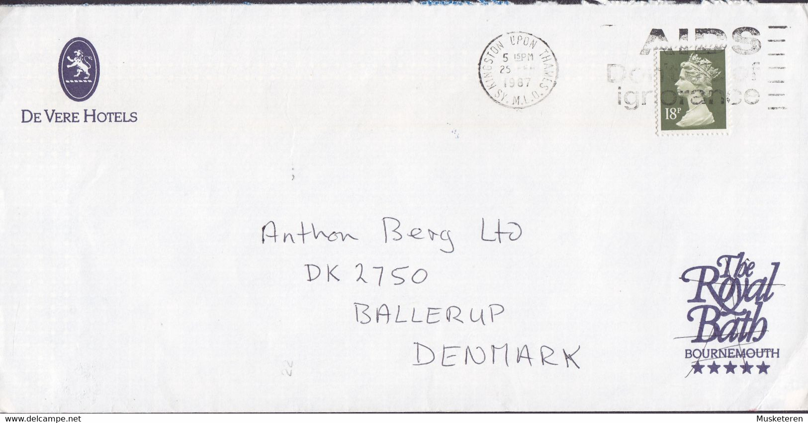 Great Britain DE VERE HOTELS The Royal Bath Bournemouth Slogan 'AIDS' KINGSTON UPON THAMES 1987 Cover Brief Denmark - Covers & Documents