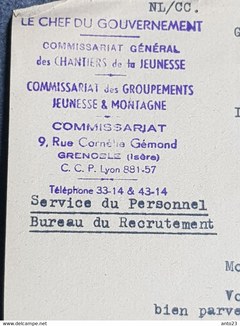 Chantiers De La Jeunesse Commissaire Groupement De Grenoble / Lettre Du Chef Du Gouvernement WW2 Militaria - WW II