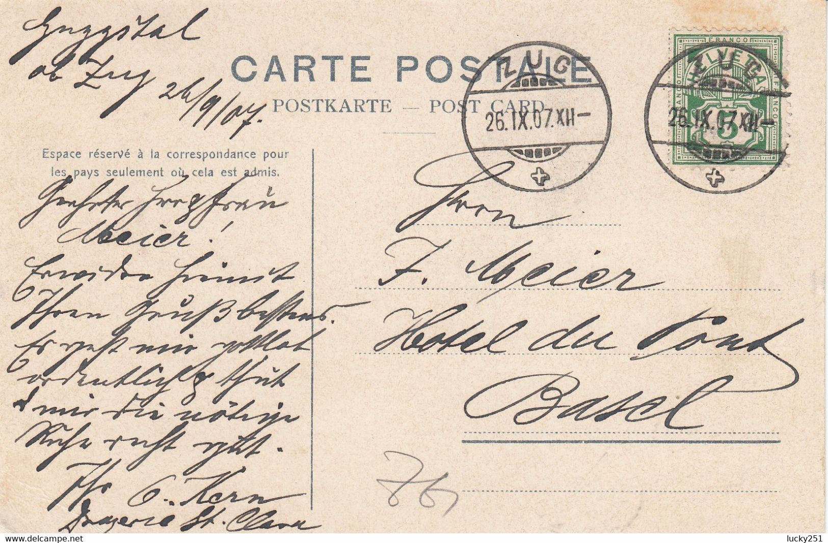 Suisse - Hôtel - Zug - Hôtel Pension Giggithal - Circulée 26/09/1907 - Litho - Thal