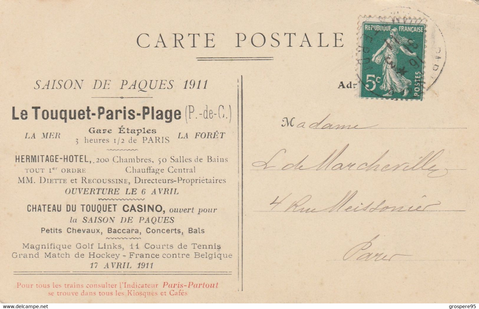 LE TOUQUET PARIS PLAGE HOTEL ATLANTIC CASINO HERMITAGE HOTEL 1911 PUBLICITE - Le Touquet