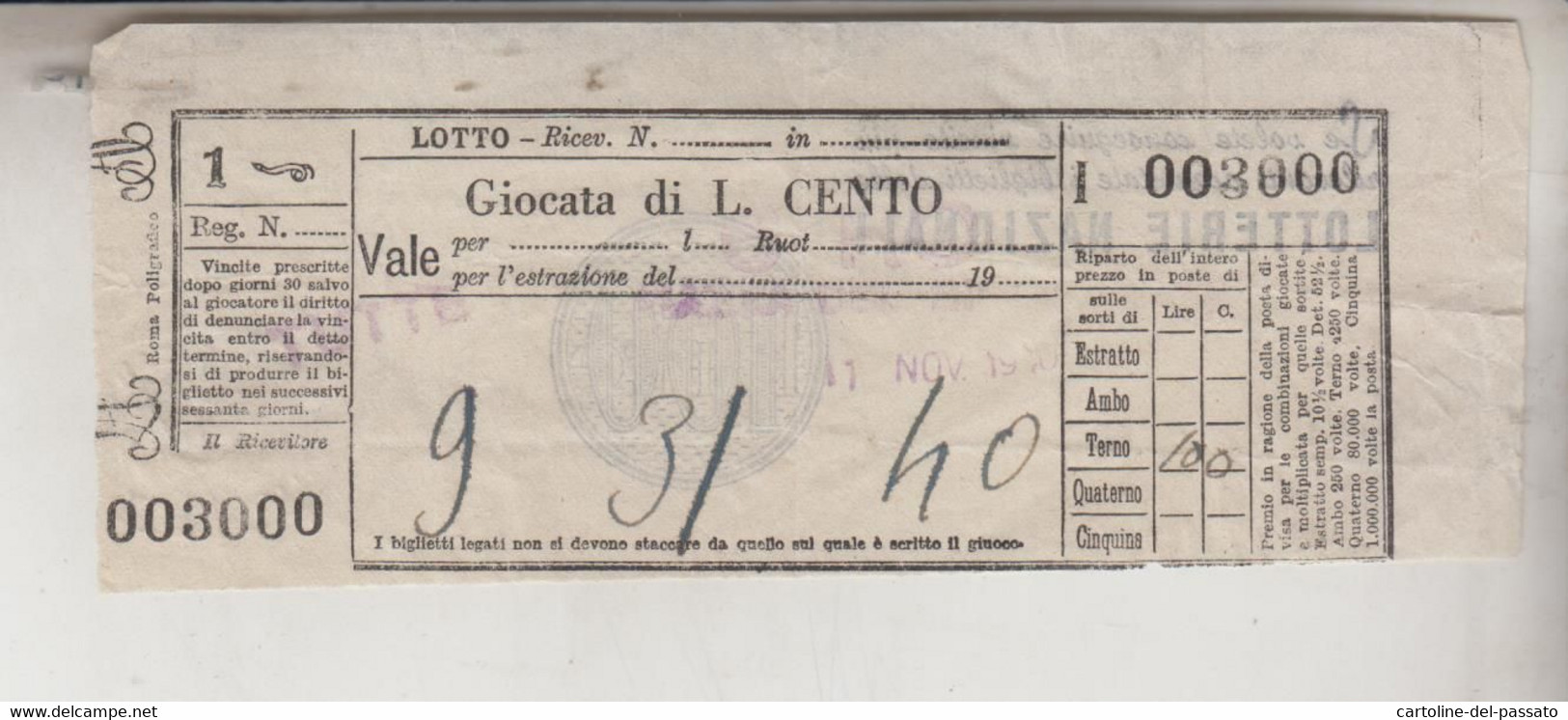 Lotto Giocata  Ricevuta 1920 - Biglietti Della Lotteria