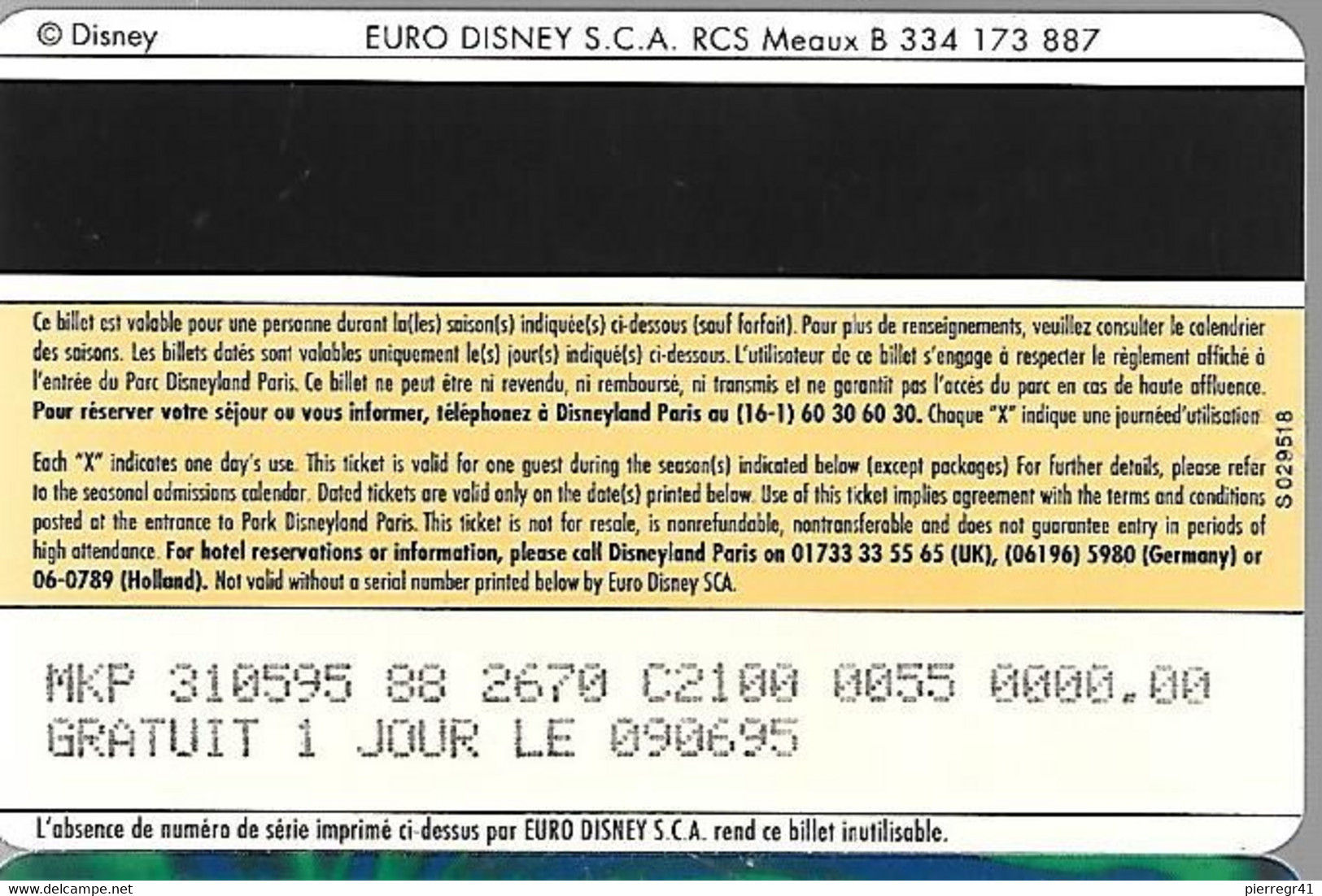 PASS--DISNEY-DISNEYLAND PARIS-1996-ROI LION ADULTE-Non Souligné-V° S029518-Vertical A Droite-V° Gratuit 1 JourTBE-RARE - Disney-Pässe