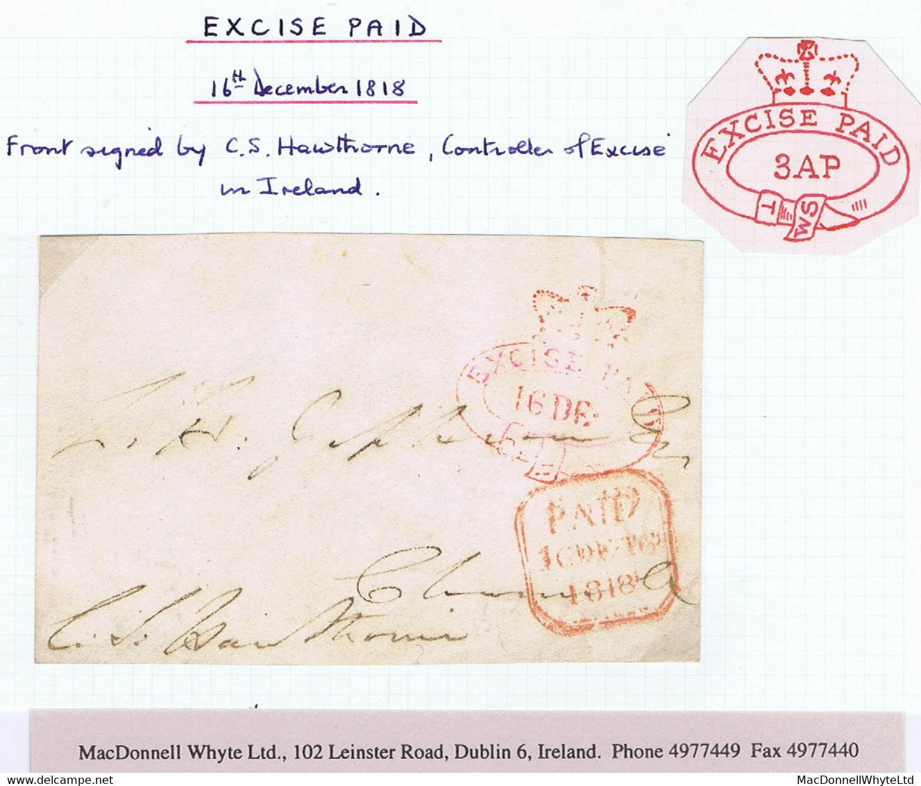 Ireland 1818 Crowned Oval EXCISE PAID WS 16 DE On Front Only To Clonmel, Signed C S Hawthorne - Prephilately