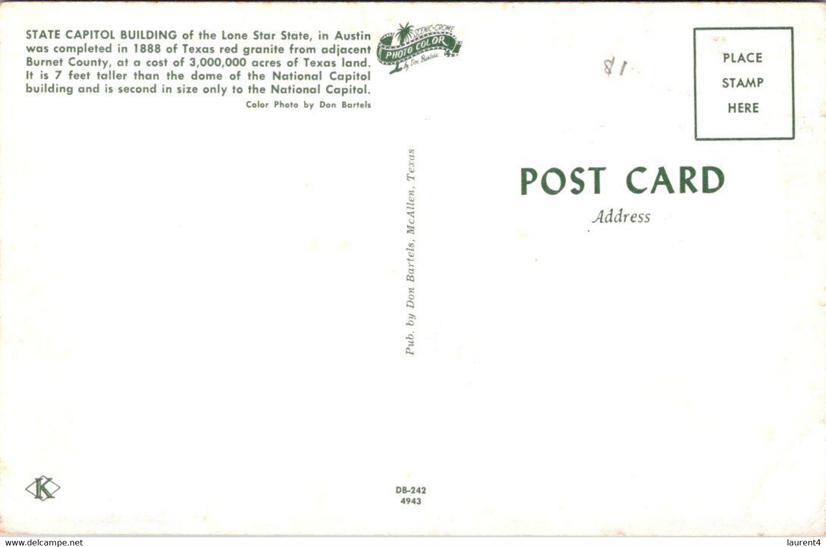 (5 A 9) Older USA Postcard - Texas State Capitol Building - Austin