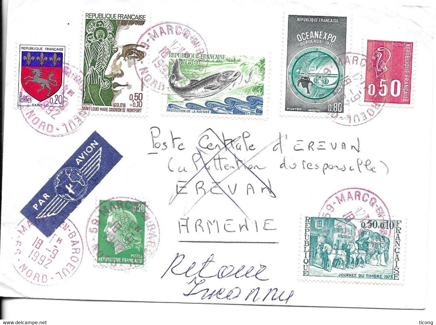 LETTRE DE MARCQ EN BAROEUL CACHETS RONDS ROUGES 1992 POUR EREVAN ARMENIE, RETOUR FLAMME ROUGE EREVAN, A VOIR - Lettres & Documents