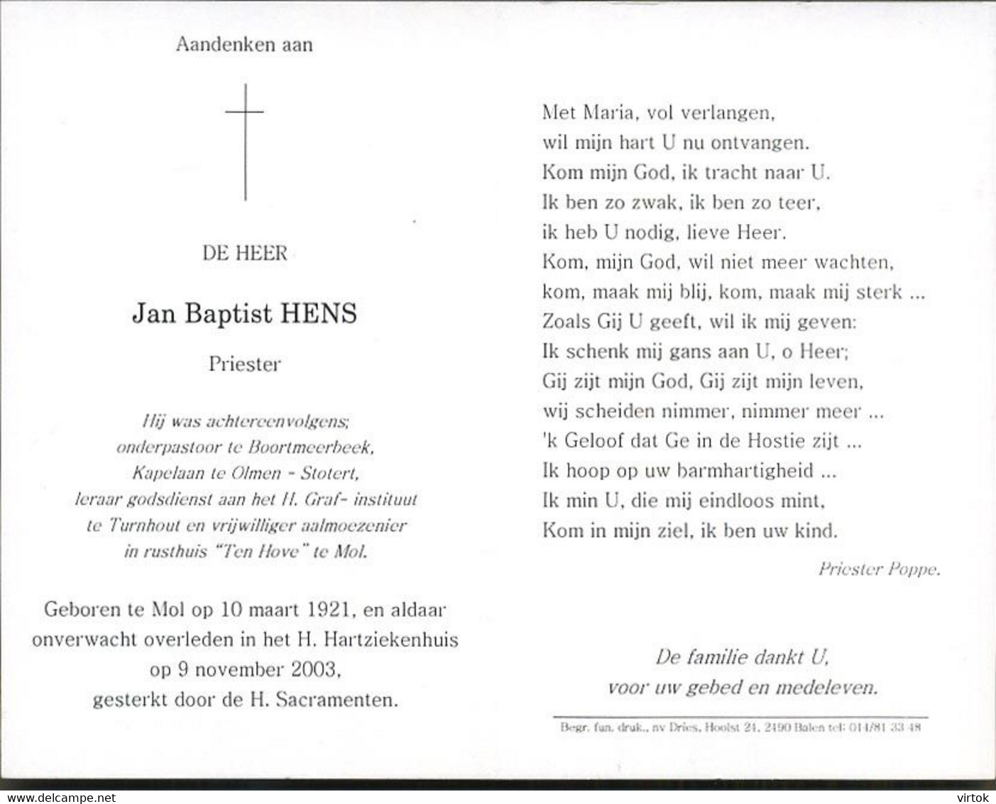 E.H. Jan Hens :  Mol 1921 - 2003 Aalmoezenier - Onder Pastoor Boortmeerbeek / Kapelaan Olmen - Images Religieuses