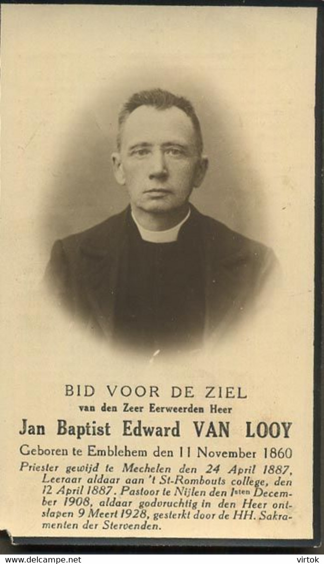 ZEH Jan Van Looy : Emblehem - Emblem 1860 -  Nijlen 1928 Pastoor ( Linkerhoek Beschadigd ) - Images Religieuses