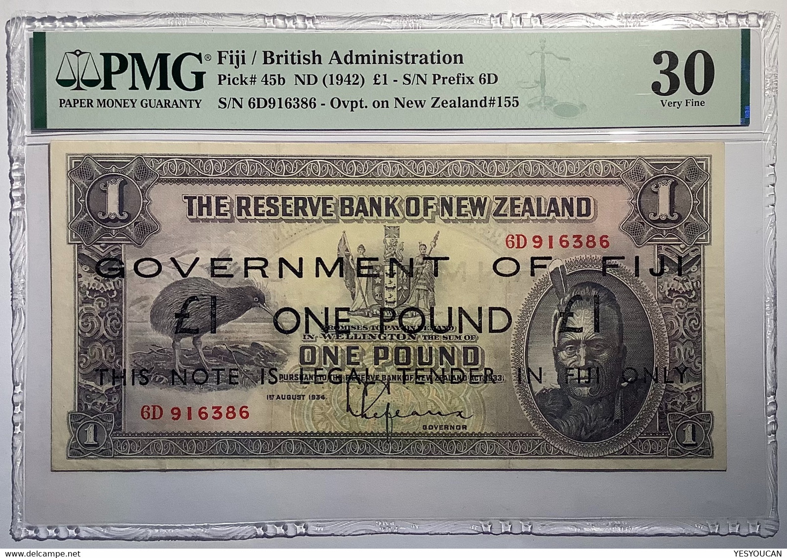 TOP POP ! Fiji British Administration (1942) 1 Pound Pick-45b PMG VF30 (New Zealand Fidji Billet Paper Money Bitcoin - Fidschi