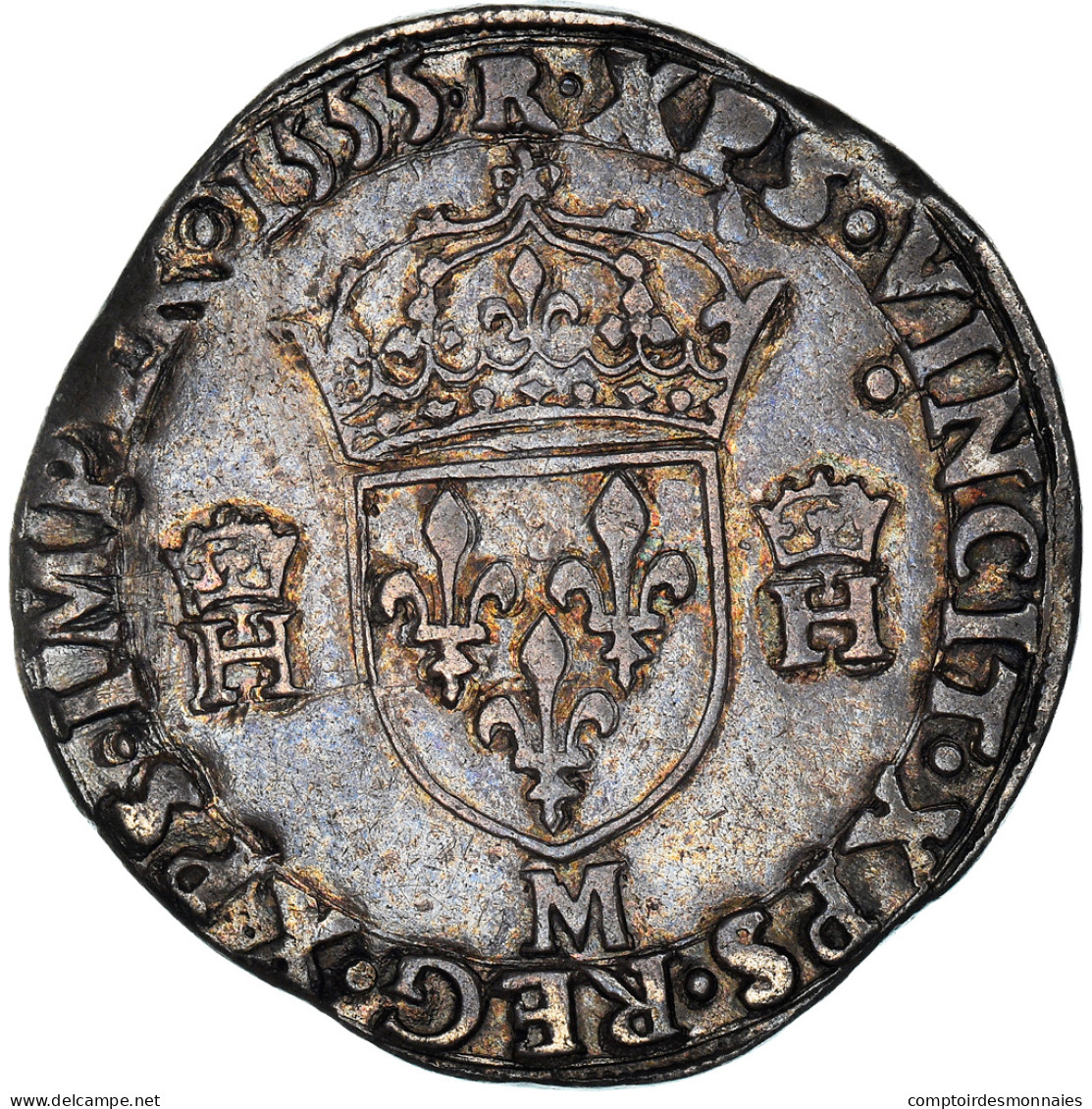 Monnaie, France, Henri II, Teston, 1555, Toulouse, TB+, Argent - 1547-1559 Henry II