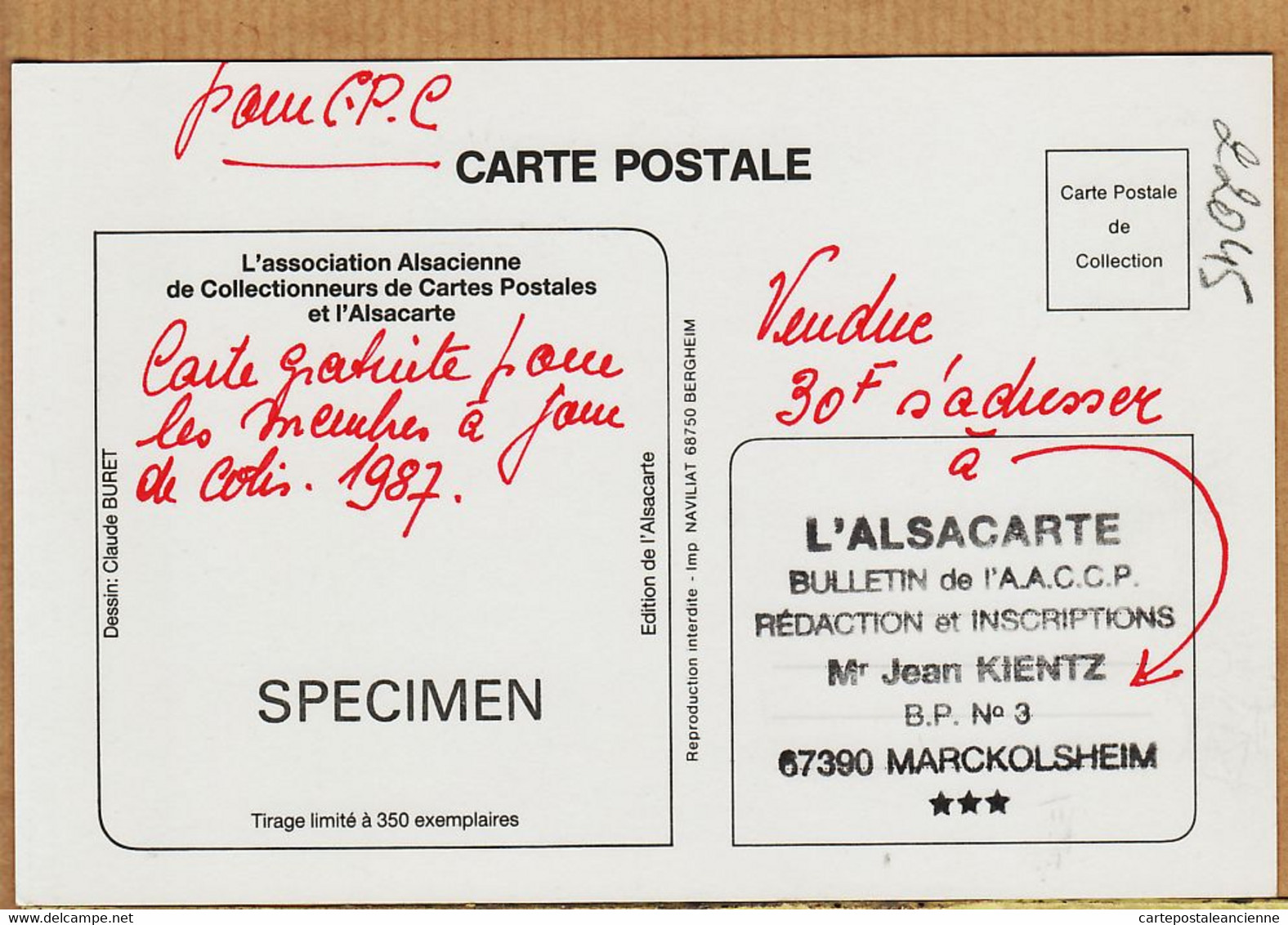 X67023 ⭐ Carte SPECIMEN Caricature Claude BURET JOYEUX NOEL BONNE ANNEE 1988 - Association ALSACARTE MARCKOLSHEIM - Autres & Non Classés