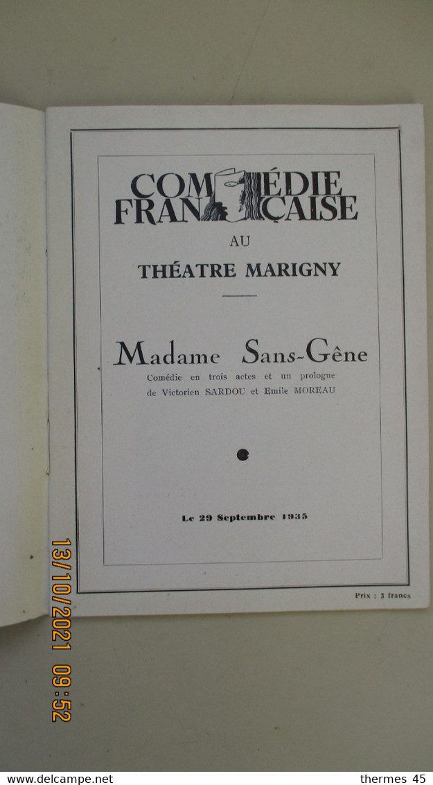 29 Sept. 1935 / Madame SANS-GÊNE ( 2 Dédicaces D'actrices ) COMEDIE FRANCAISE Au THEATRE MARIGNY; - Programs