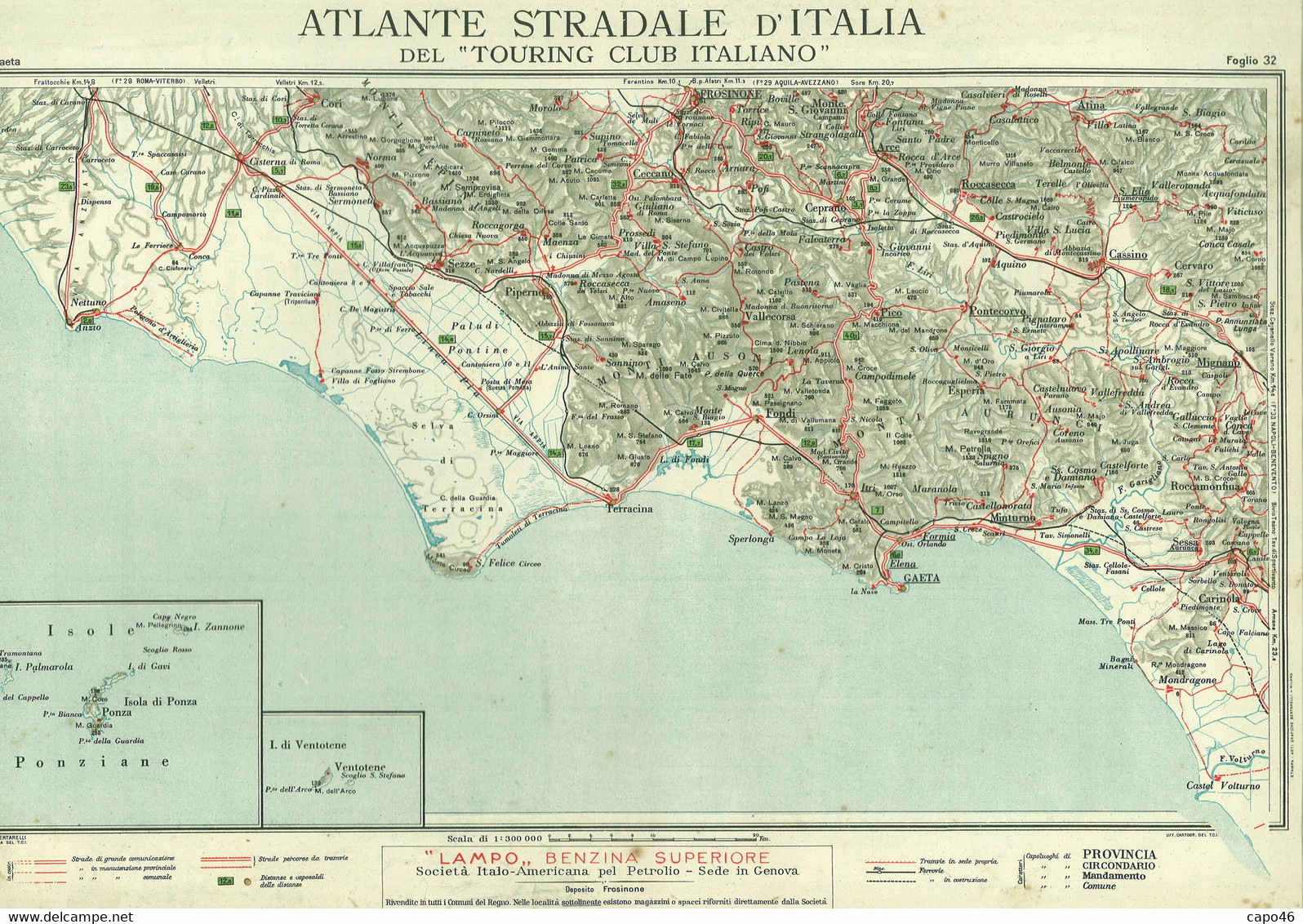 AT 09 - ANTICO ATLANTE STRADALE D'ITALIA T.C.I. 1923/26 - FOGLIO 32 - FROSINONE - GAETA - Geographical Maps