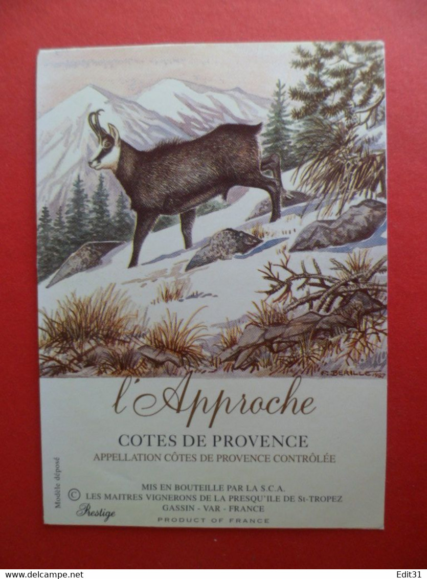 Etiquette Vin Autocollant Cote De Provence Chasse Chamois L' Approche -  Signé F. BERILLET 1984 St. Tropez GASSIN Var - Caccia