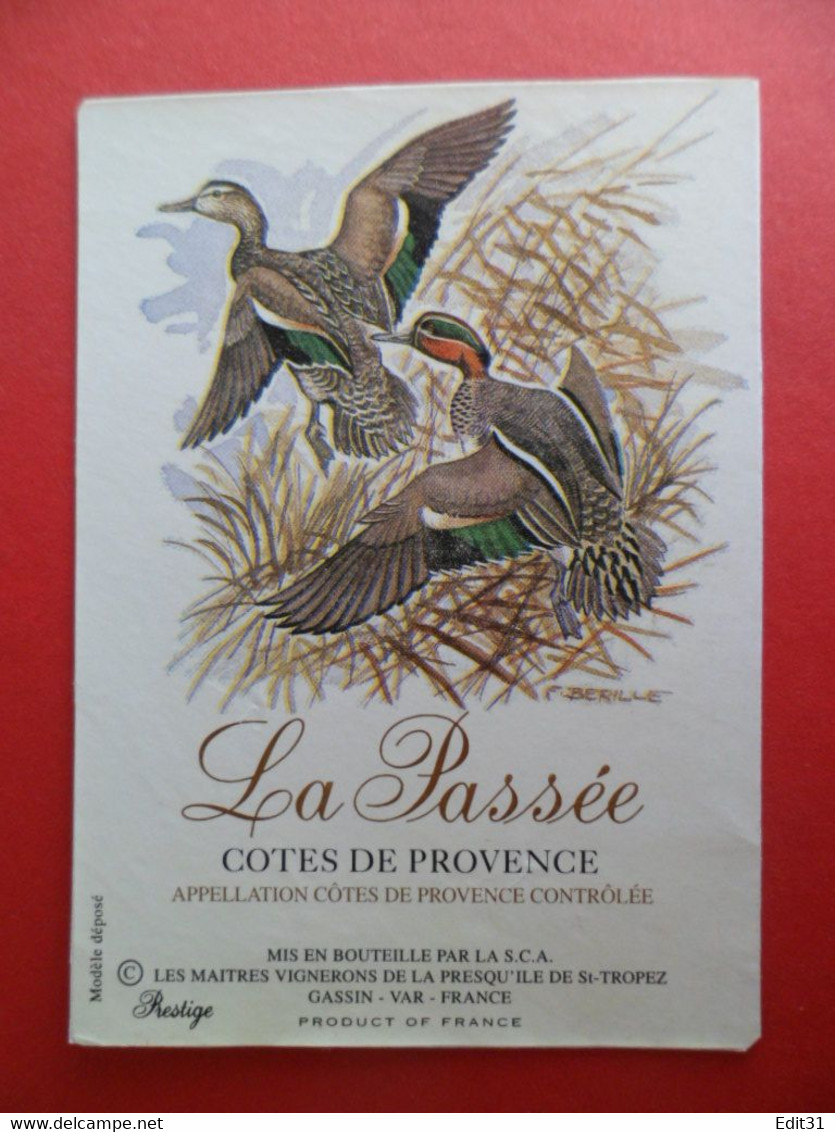 Etiquette Vin Autocollant Cote De Provence Chasse Canard - La Passée -  Signé F. BERILLET - St. Tropez GASSIN Var - Jagd