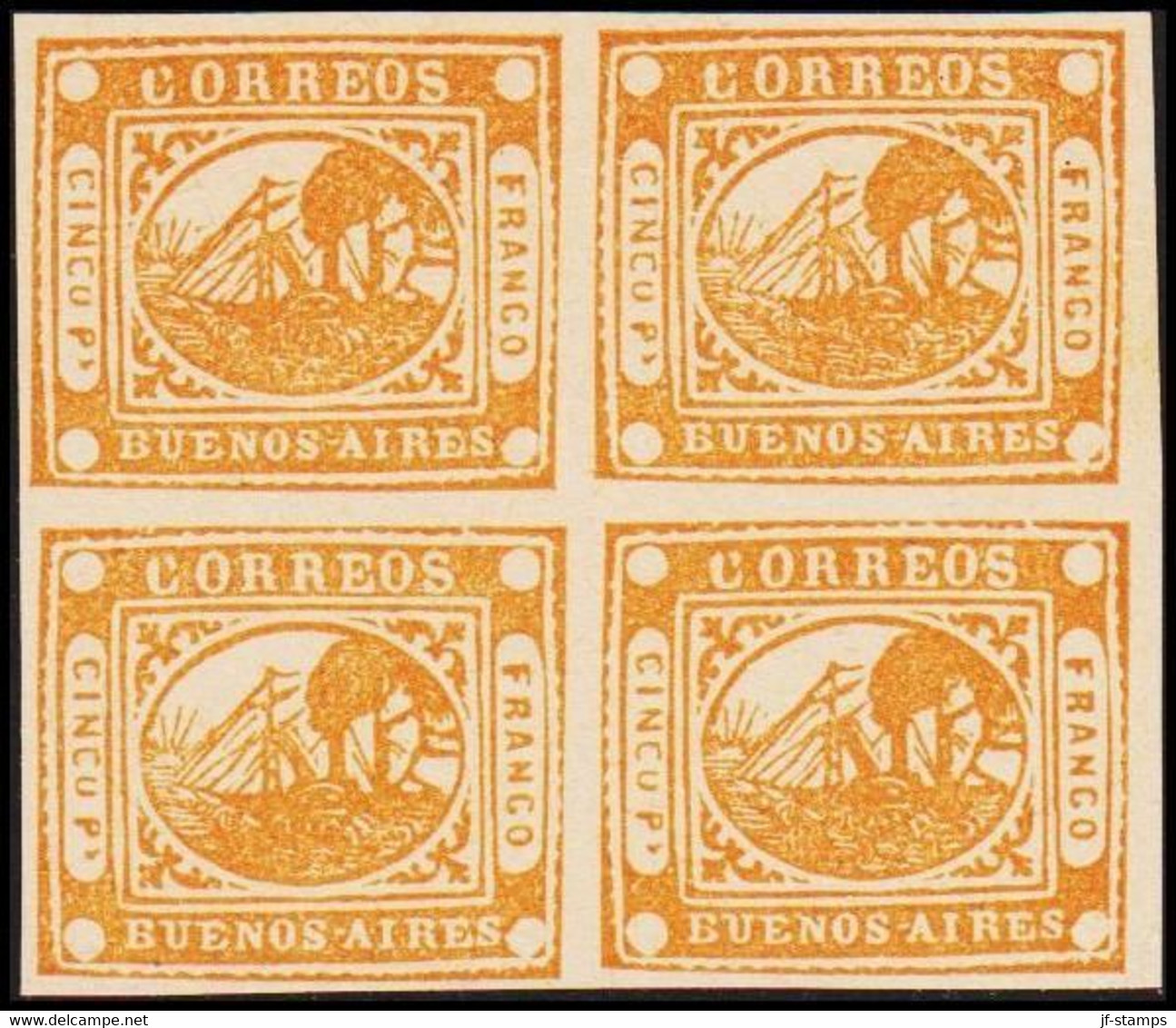 1858. BUENOS AIRES 5 P (CINCO P.) SHIP MOTIVE In Block Of Four. Interesting Old Forge... (Michel 4) - JF510081 - Buenos Aires (1858-1864)