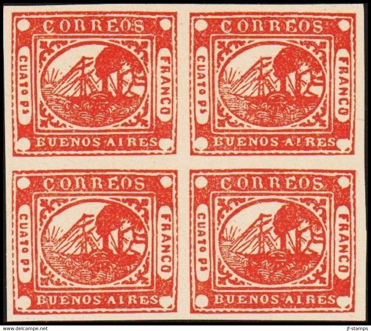 1858. BUENOS AIRES 4 P (CUATO P.) SHIP MOTIVE In Block Of Four. Interesting Old Forge... (Michel 3) - JF510084 - Buenos Aires (1858-1864)