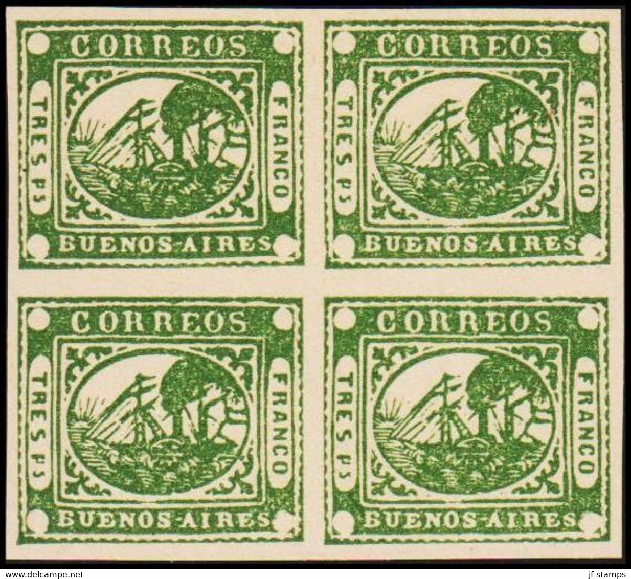 1858. BUENOS AIRES 3 P (TRES PS.) SHIP MOTIVE In Block Of Four. Interesting Old Forge... (Michel 2) - JF510086 - Buenos Aires (1858-1864)