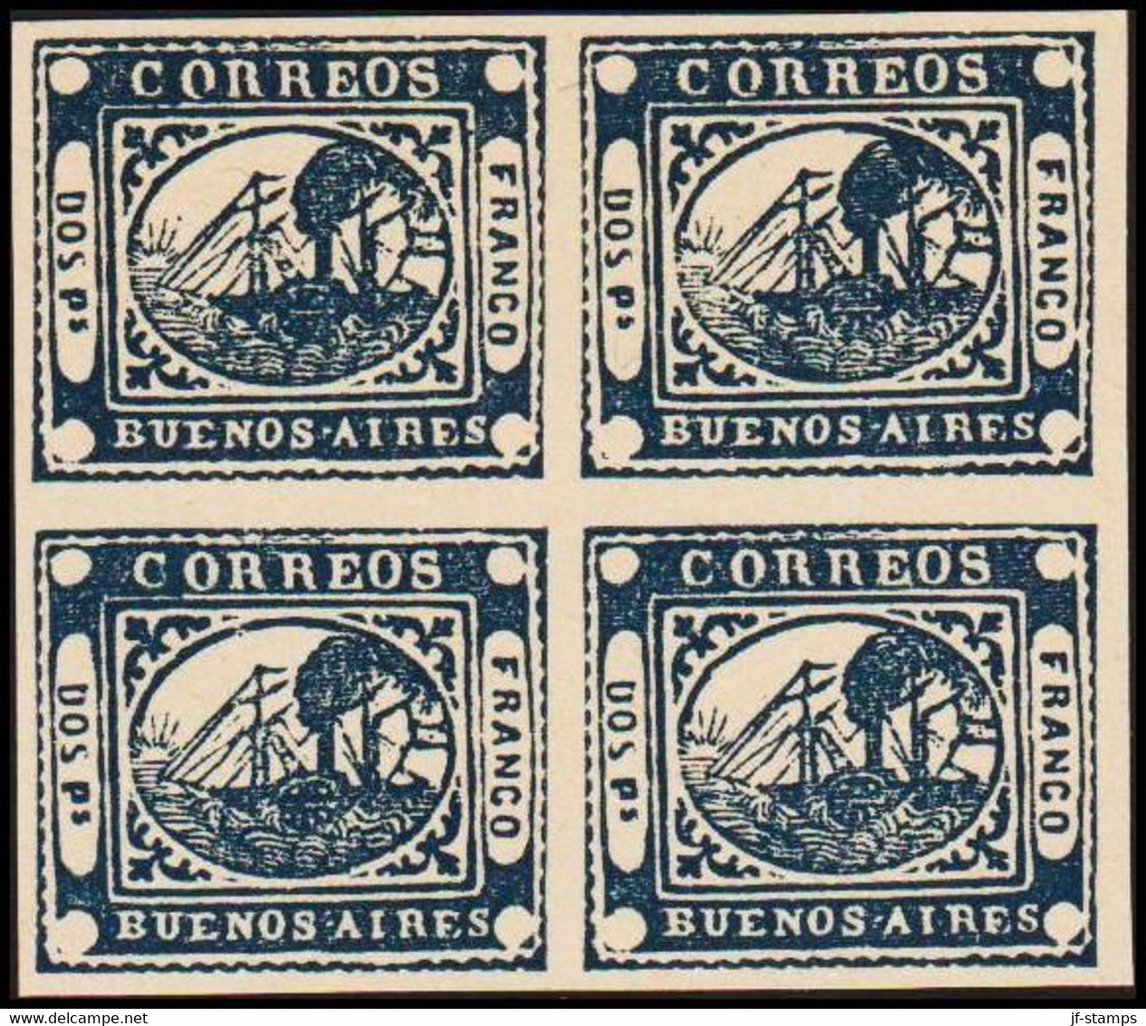 1858. BUENOS AIRES 2 P (DOS PS.) SHIP MOTIVE In Block Of Four. Interesting Old Forger... (Michel 1) - JF510087 - Buenos Aires (1858-1864)