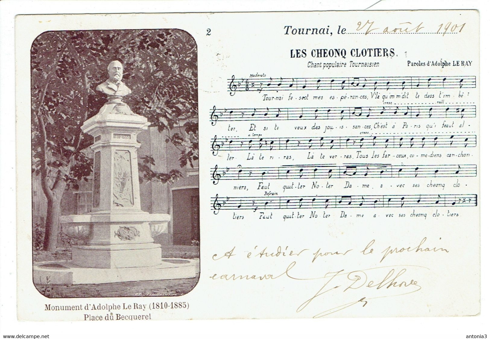 Tournai. Les Cheonq Clotiers. Paroles Adolphe Leray. Momument Adolphe Leroy. Carte Précurseur. Vasseur Delmée. **** - Tournai