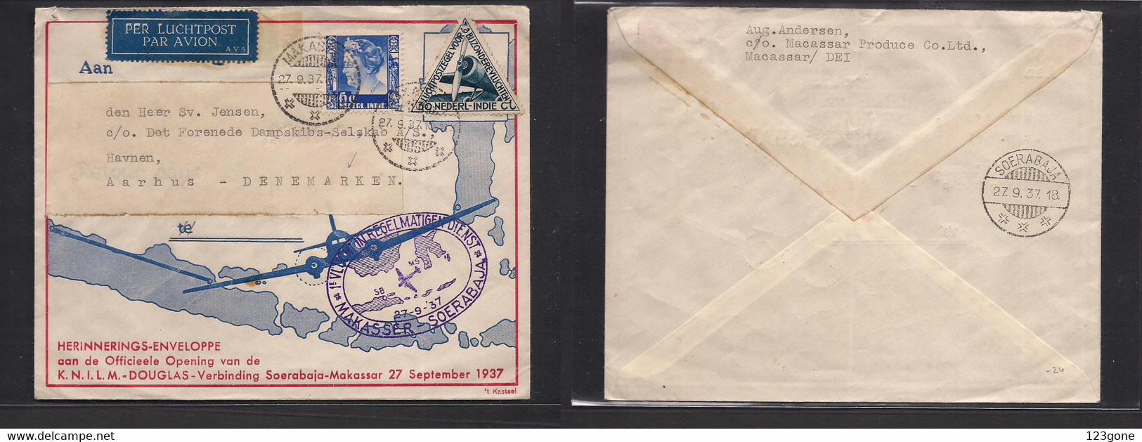 DUTCH INDIES. 1937 (27 Sept) Makassar - Denmark, Marhus. Air Mail Multifkd Env. Illustrated Special Cachet. - India Holandeses