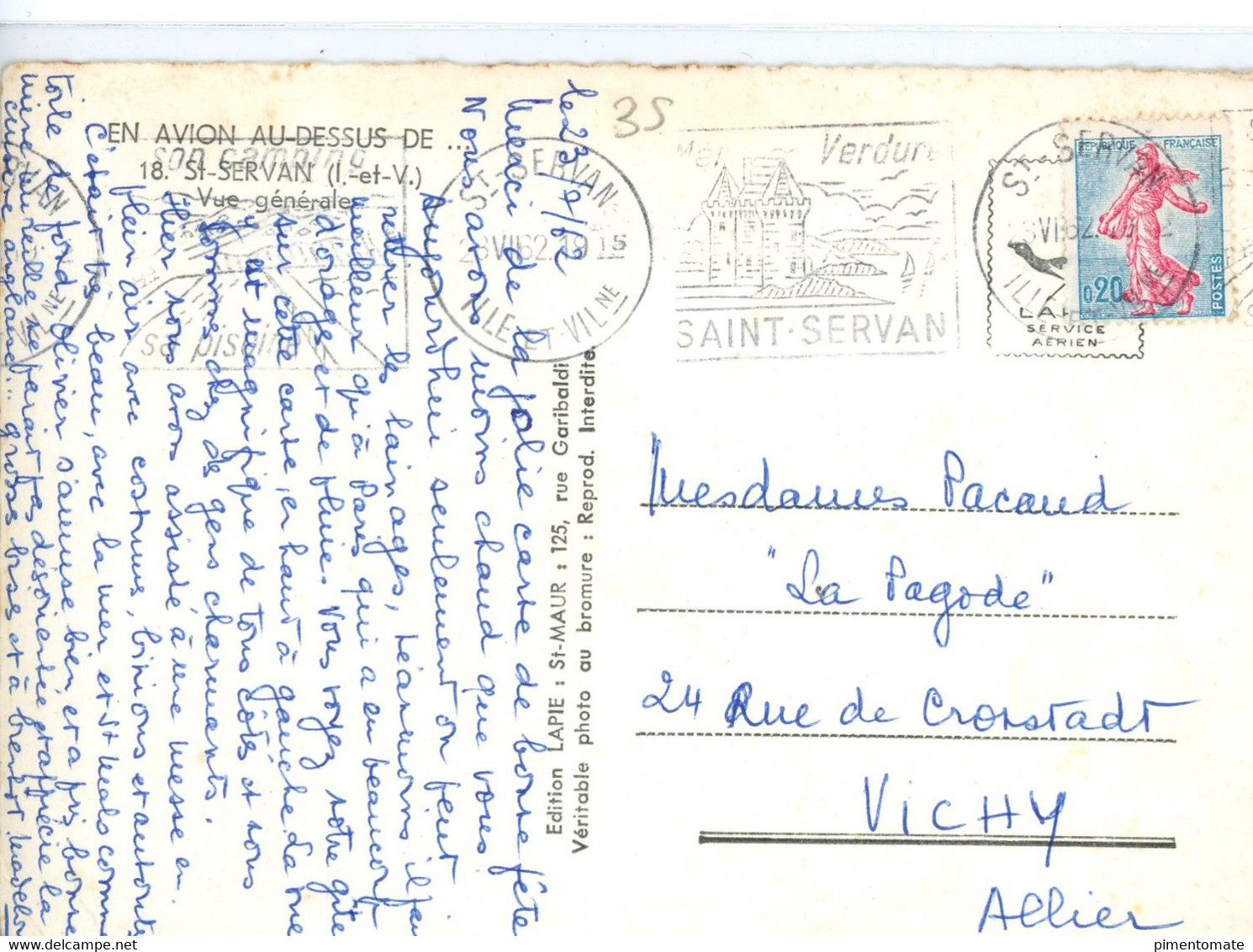 EN AVION AU DESSUS DE SAINT SERVAN VUE GENERALE AERIENNE LAPIE FLAMME POSTALE 1962 - Saint Servan