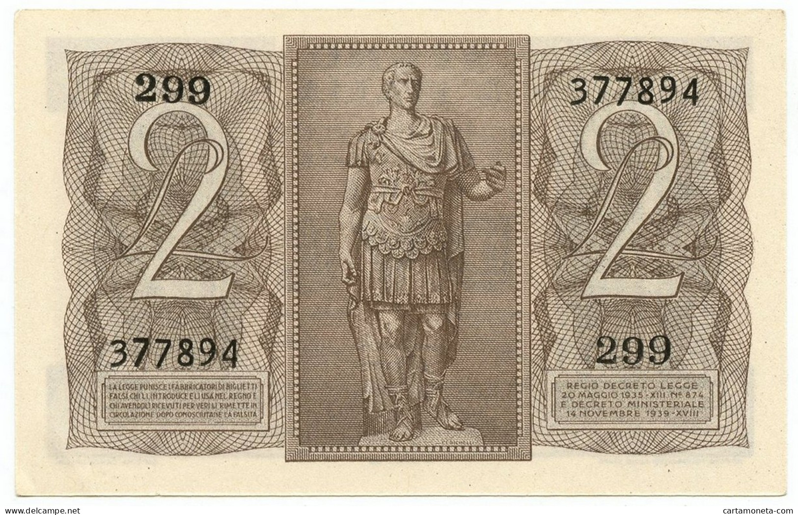 2 LIRE BIGLIETTO DI STATO FASCIO 14/11/1939 QFDS - Otros