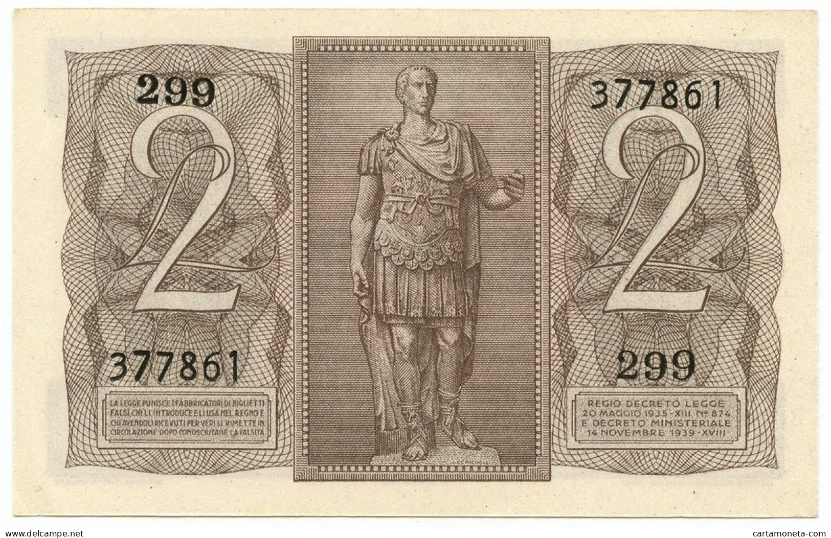 2 LIRE BIGLIETTO DI STATO FASCIO 14/11/1939 QFDS - Otros