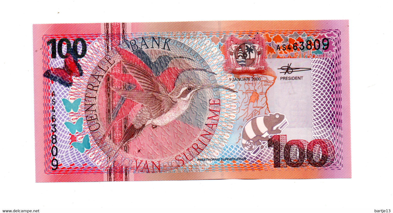 SURINAME BANKBILJET 100 GULDEN 1.01.2000 UNC - Surinam