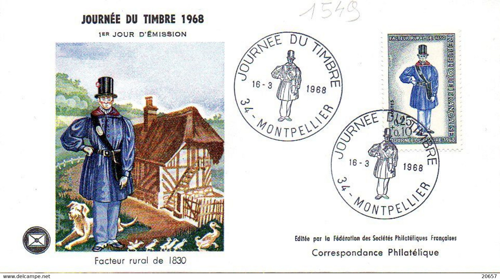 France 1549 Fdc Facteur Rural 1830, Costume, Facteur De Ville, Chien - Posta