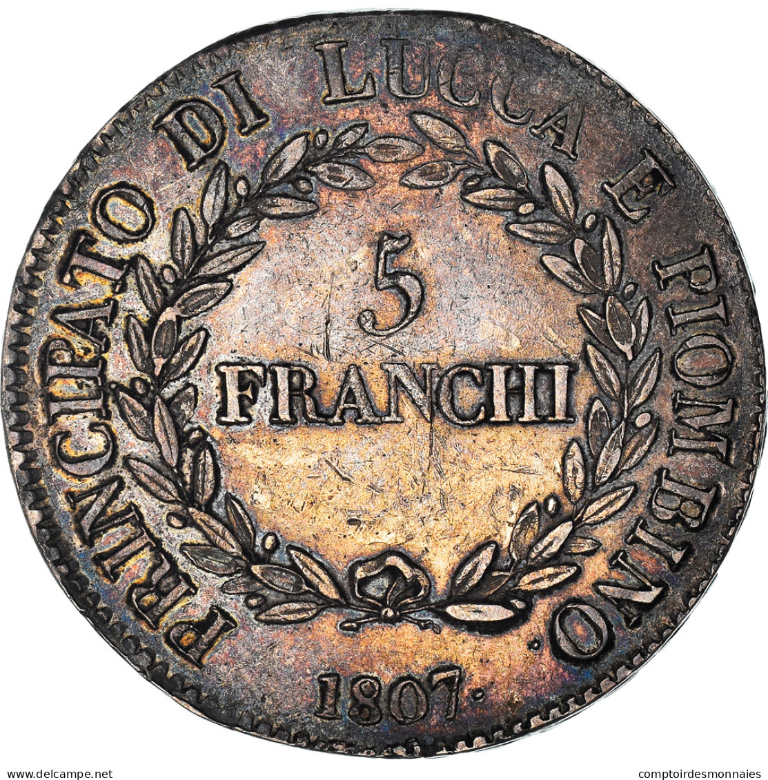 Monnaie, États Italiens, LUCCA, Felix And Elisa, 5 Franchi, 1807, Firenze, TTB - Lucca
