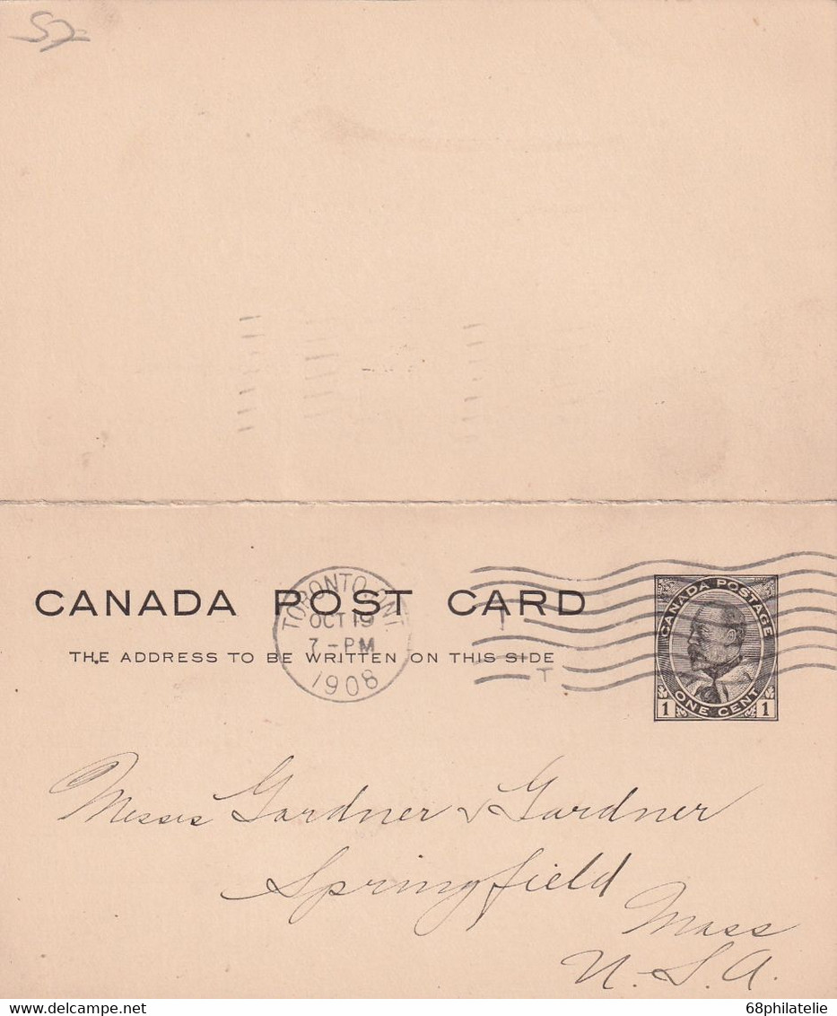 CANADA 1908   ENTIER POSTAL/GANZSACHE/POSTAL STATIONERY CARTE AVEC REPONSE DE TORONTO - 1903-1954 Rois