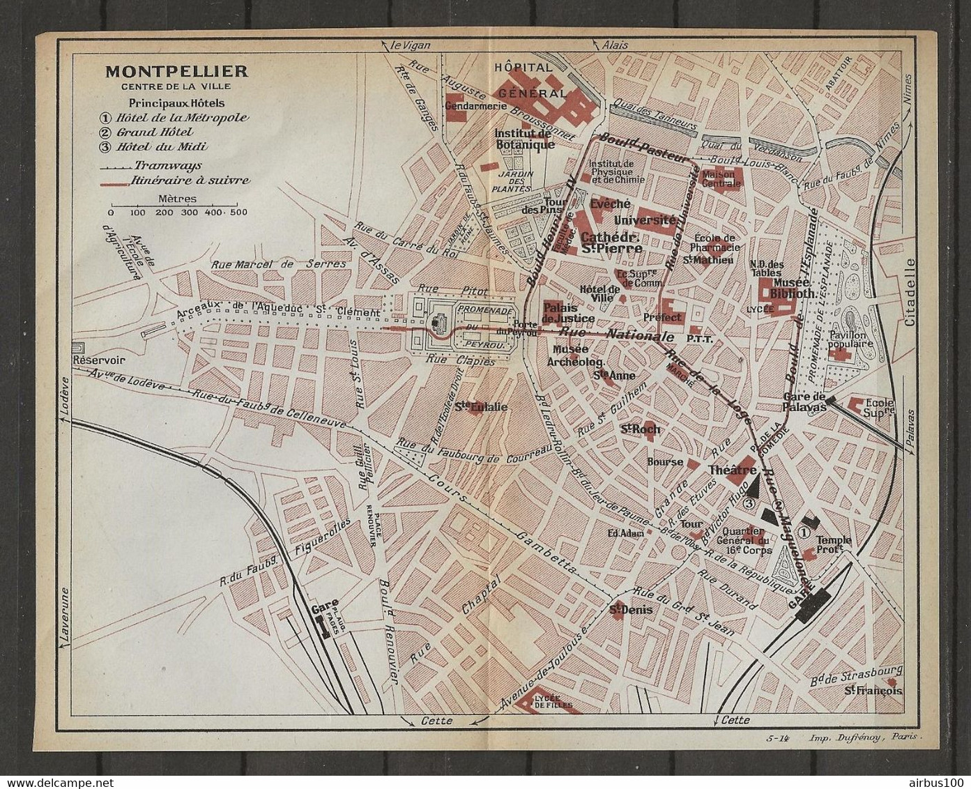 CARTE PLAN 1914 - MONTPELLIER - HOTEL De La MÉTROPOLE - GRAND HOTEL - HOTEL Du MIDI - TRAMWAYS - PAVILLON POPULAIRE - Cartes Topographiques