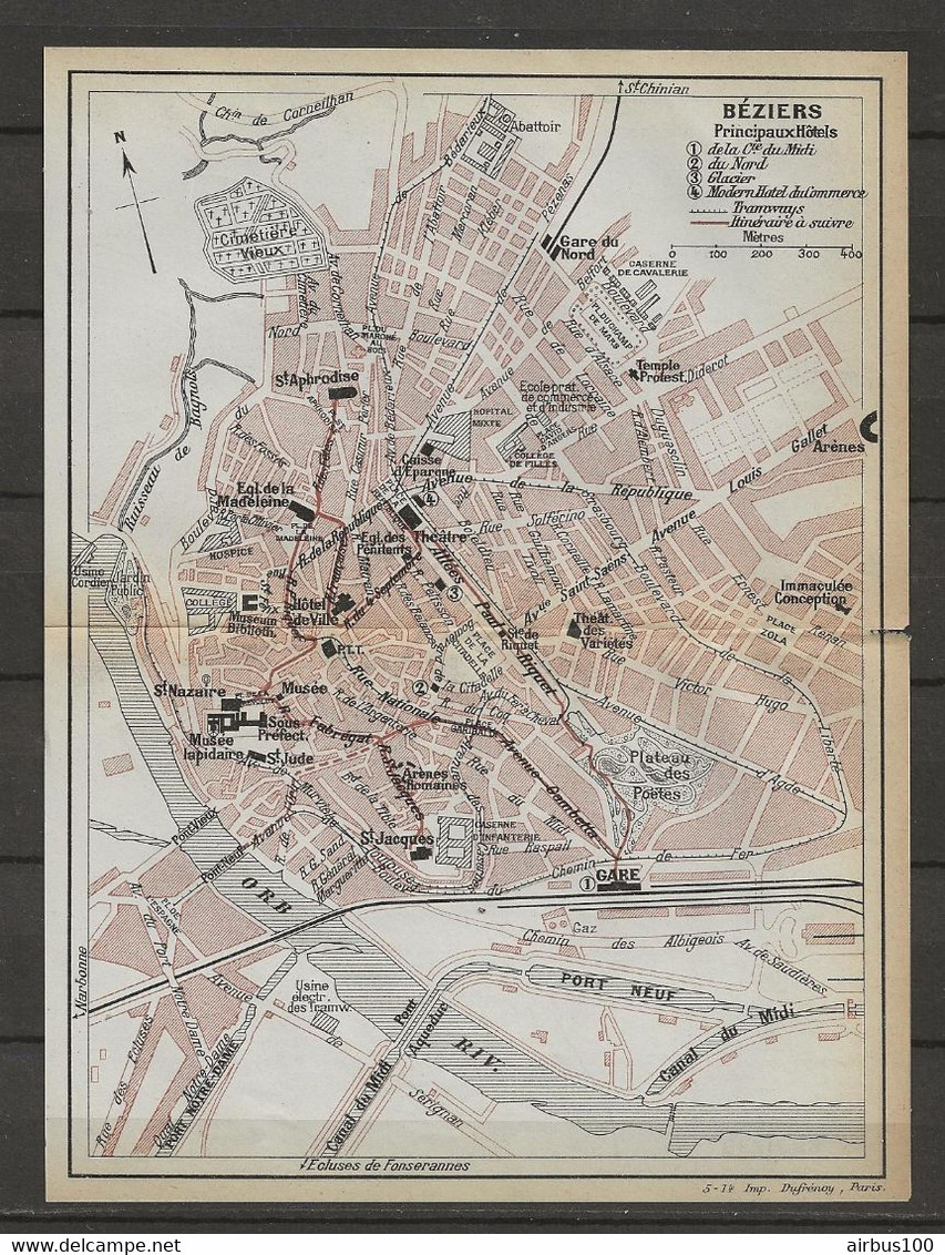 CARTE PLAN 1914 - BÉZIERS - HOTELS De La Cie Du MIDI Du NORD Du GLACIER MODERN HOTEL Du COMMERCE - USINE TRAMWAYS - Cartes Topographiques