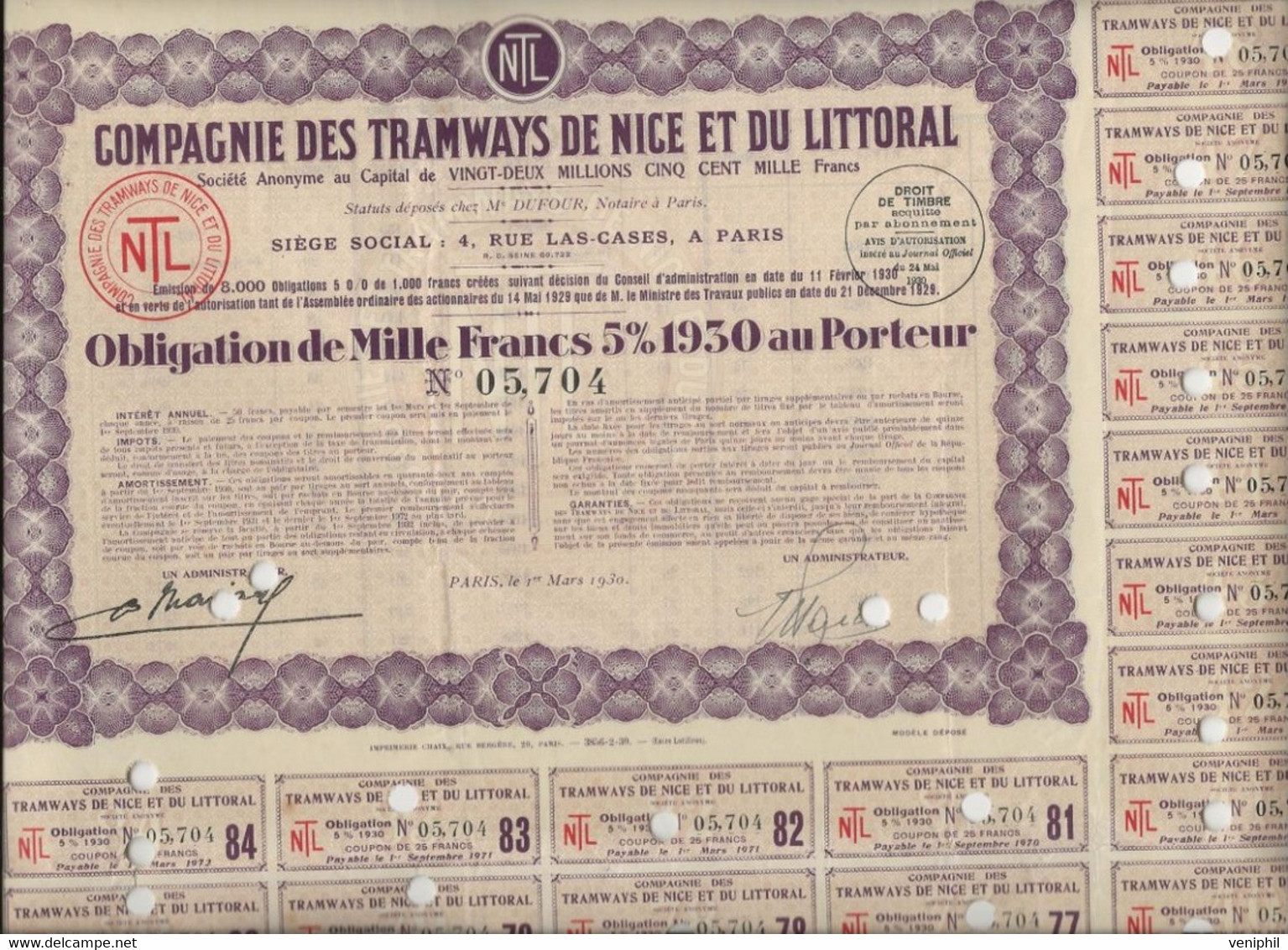 COMPAGNIE DES TRAMWAYS DE NICE ET DU LITTORAL - OBLIGATION DE 1000 FRS - 5% 1930 - - Chemin De Fer & Tramway