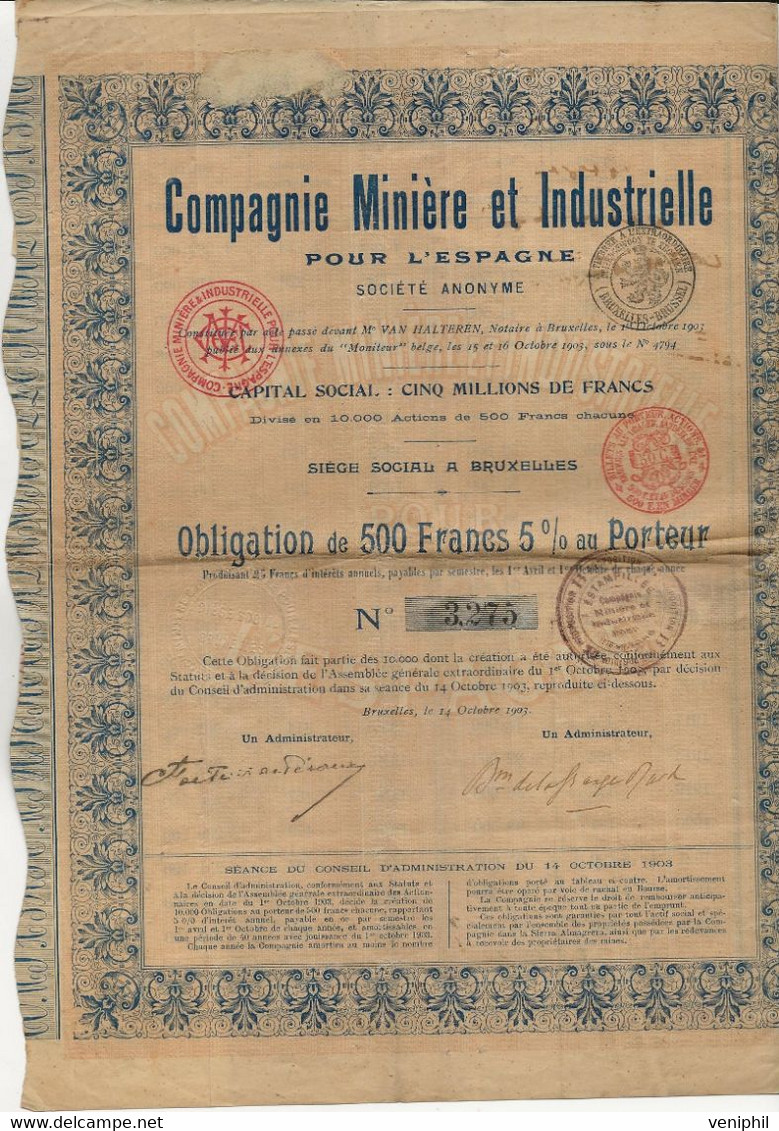 COMPAGNIE MINIERE ET INDUSTRIELLE POUR L'ESPAGNE - OBLIGATION DE 500 FRS AU PORTEUR -ANNEE 1903 - Mijnen