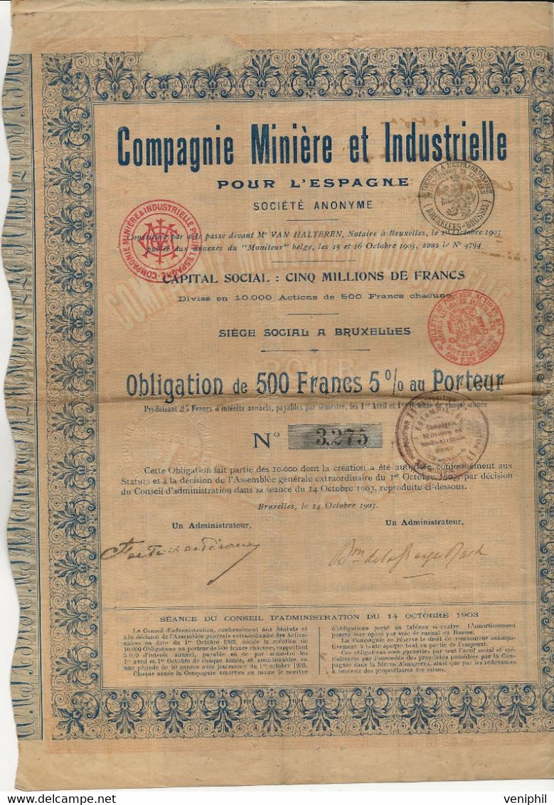 COMPAGNIE MINIERE ET INDUSTRIELLE POUR L'ESPAGNE - OBLIGATION DE 500 FRS AU PORTEUR -ANNEE 1903 - Bergbau