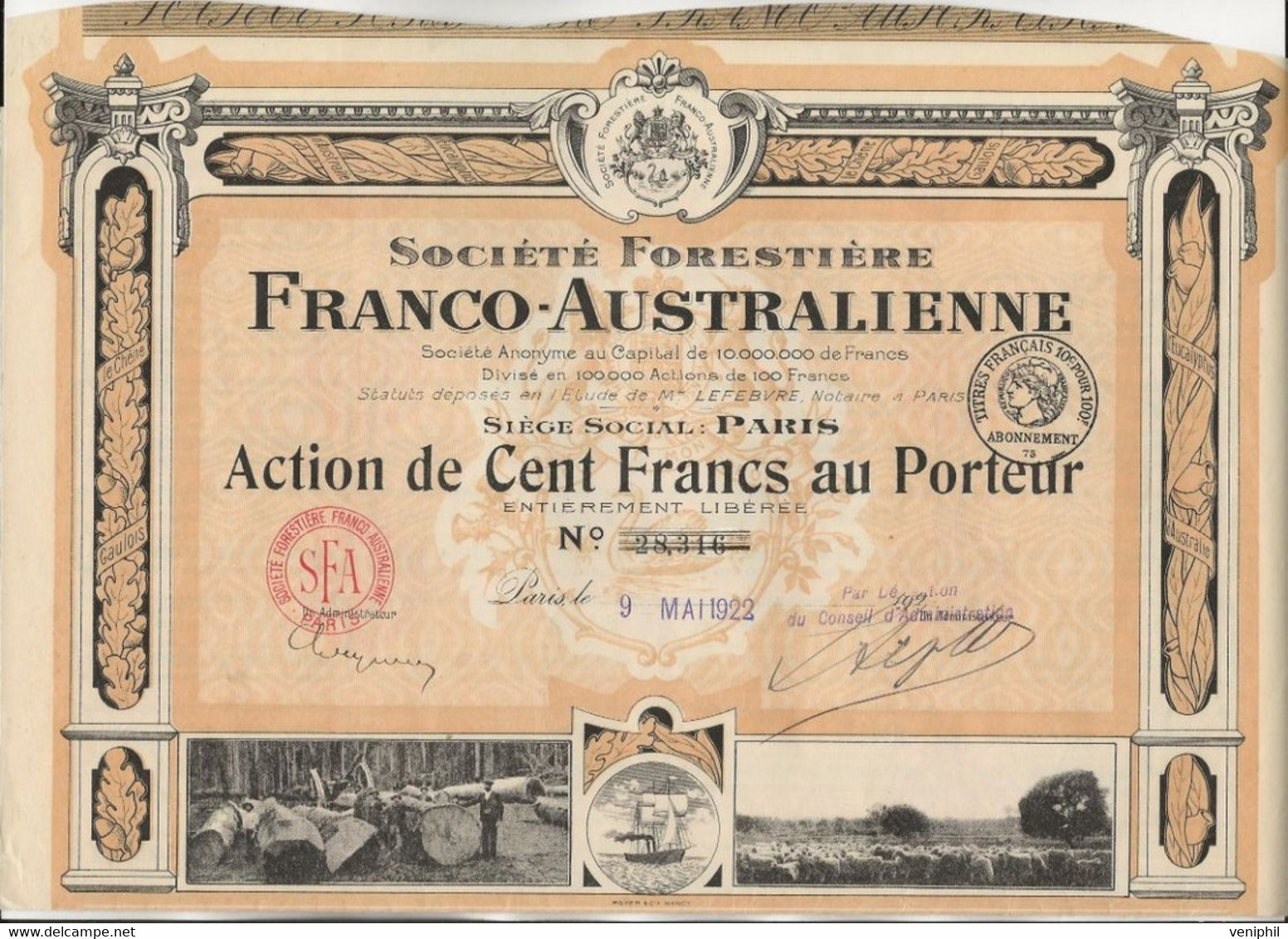 SOCIETE FORESTIERE FRANCO - AUSTRALIENNE - ACTION DE 100 FRS - ANNEE 1922 - Industrial