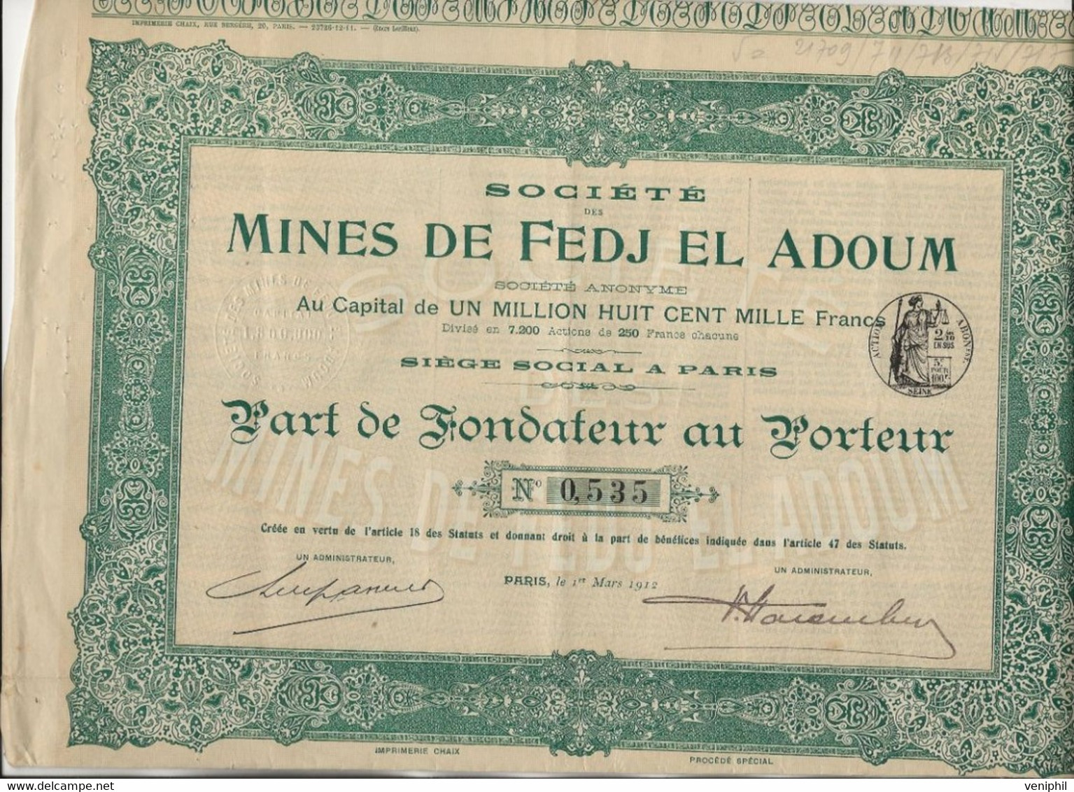 SOCIETE DES MINES DE FEDJ EL ADOUM -TUNISIE - PART DE FONDATEUR -ANNEE 1912 - Mineral