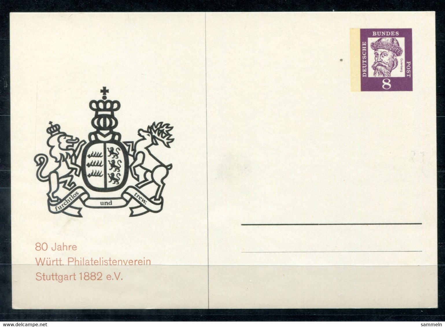 F1263 -  BUND - Privatganzsache 8 Pfg. Gutenberg "80 Jahre Württ. Philatelistenverein, Stuttgart 1882 E.V." - Privé Postkaarten - Ongebruikt