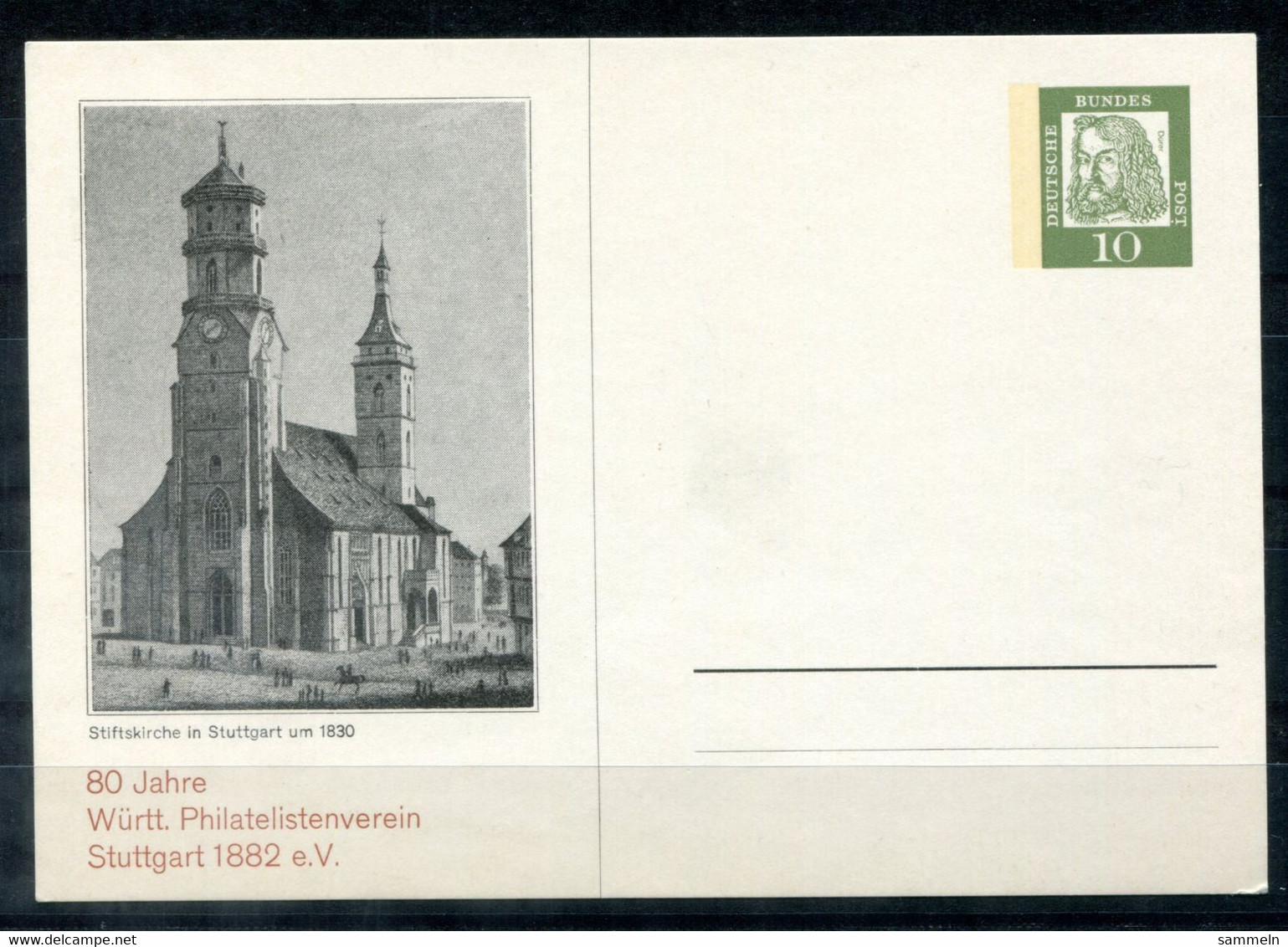 F1264 -  BUND - Privatganzsache 10 Pfg. Dürer "80 J. Württ. Philatelistenverein, Stuttgart 1882 E.V.", Abb. Stiftskirche - Private Postcards - Mint