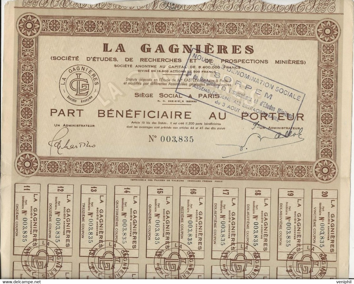 LA GAGNIERES -SOCIETE D'ETUDES DE RECHERCHES ET DE PROSPECTION MINIERE - 1957 -LOT DE 2 PARTS BENEFICIAIRE - Mines