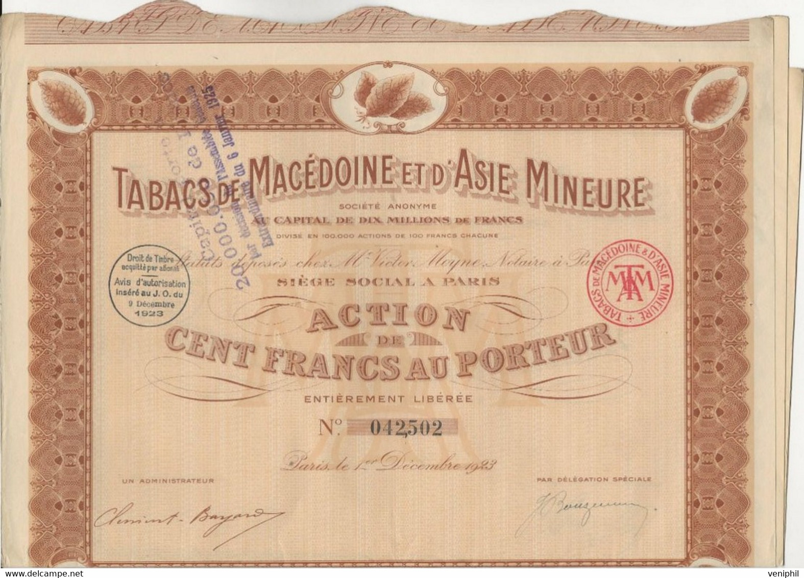 LOT DE 2 ACTIONS DE 100 FRS - TABACS DE MACEDOINE ET D'ASIE MINEURE  - ANNEE 1923 - Asien