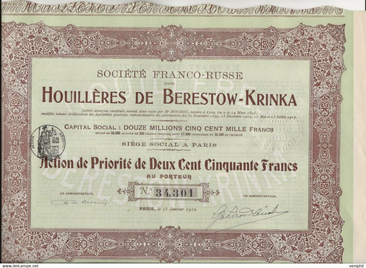 LOT DE 2 ACTIONS DE PRIORITE 250 FRS - SOCIETEFRANCO - RUSSE DES HOUILLERES DE BERESTOW-KRINKA -ANNEE 1910 - Bergbau